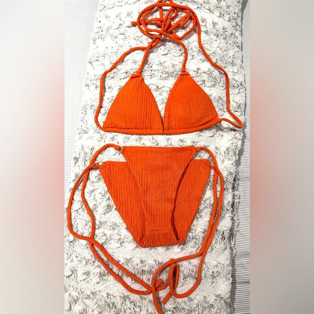Bright Orange Ribbed Triangle Bikini Set